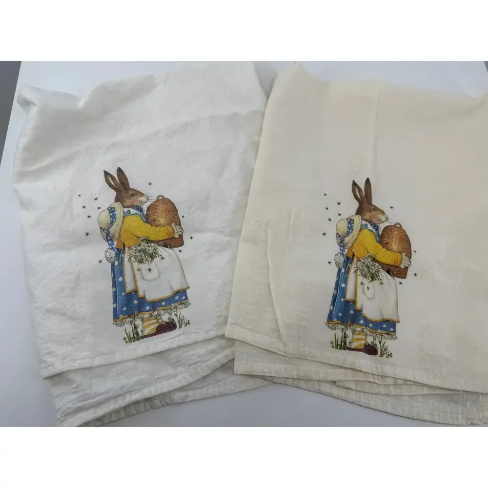 Cottage Bunny Rabbit Tea Towels100 % CottonFarmhouse Kitchen  Set 2 30x28 Easter